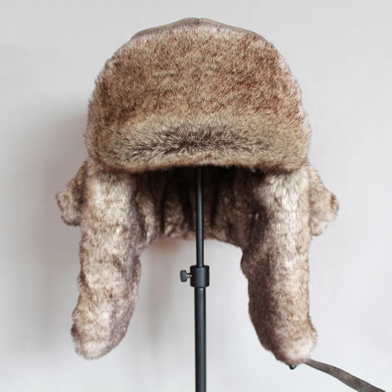 Bomber Hats Warm Ushanka Hat with Ear Flap Pu Leather