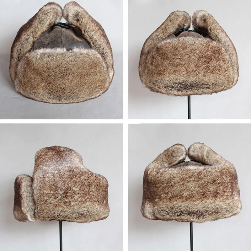 Bomber Hats Warm Ushanka Hat with Ear Flap Pu Leather