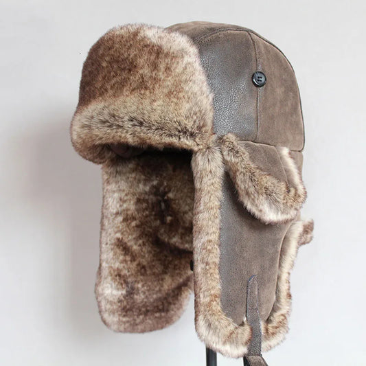 Bomber Hats Warm Ushanka Hat with Ear Flap Pu Leather