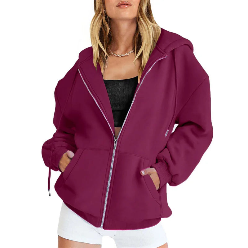 Zipper Cardigan Hooded Sweatshirt Sporty Style