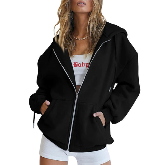 Zipper Cardigan Hooded Sweatshirt Sporty Style