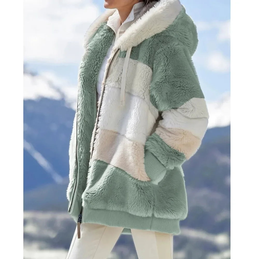 Women's Coat Hooded Zipper Jacket Spliced Thick Cashmere Ladies Coats