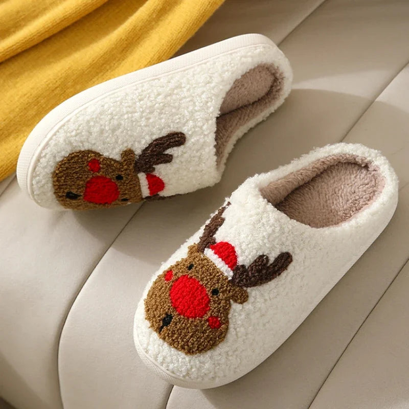 Christmas Elk Cotton Slippers for Women/Men Winter Non Slip