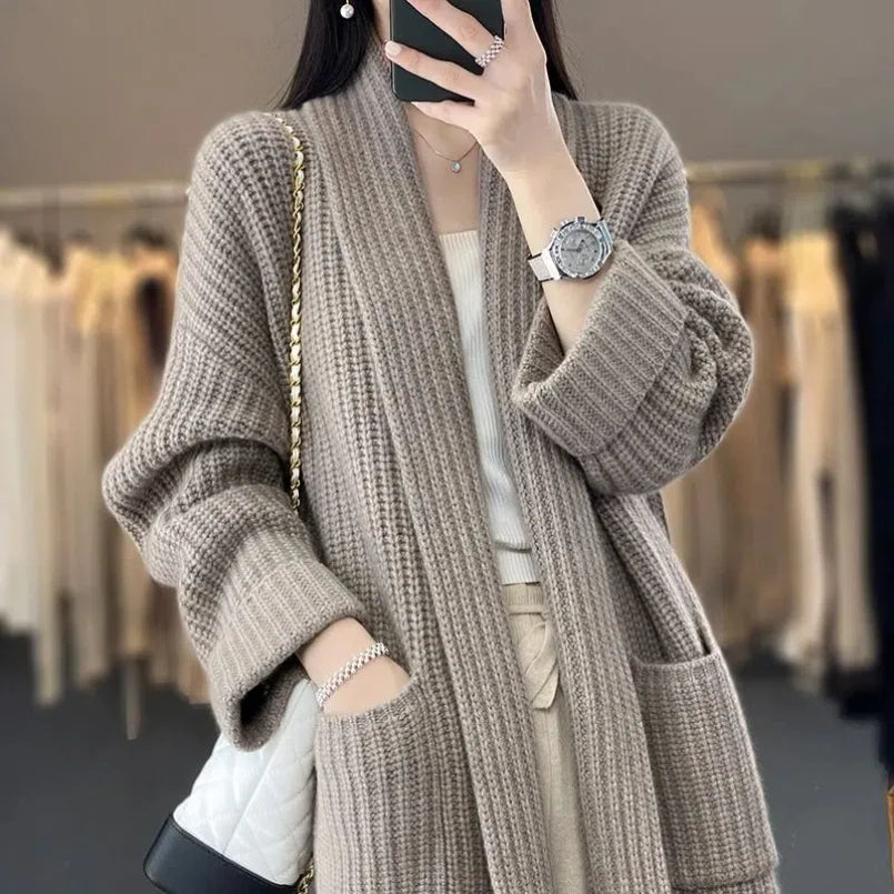 Version Medium Long V-neck High-end Slimming Lazy Style Knitted Cardigan