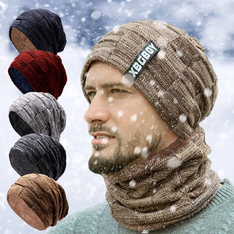 ✌ Men's Beanie Hat 2pcs Ski Cap And Scarf Winter Warm Woolly Hats Knit Ribbed Hiking Outdoor Plus Velvet Thicken