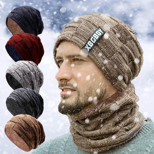 ✌ Men's Beanie Hat 2pcs Ski Cap And Scarf Winter Warm Woolly Hats Knit Ribbed Hiking Outdoor Plus Velvet Thicken