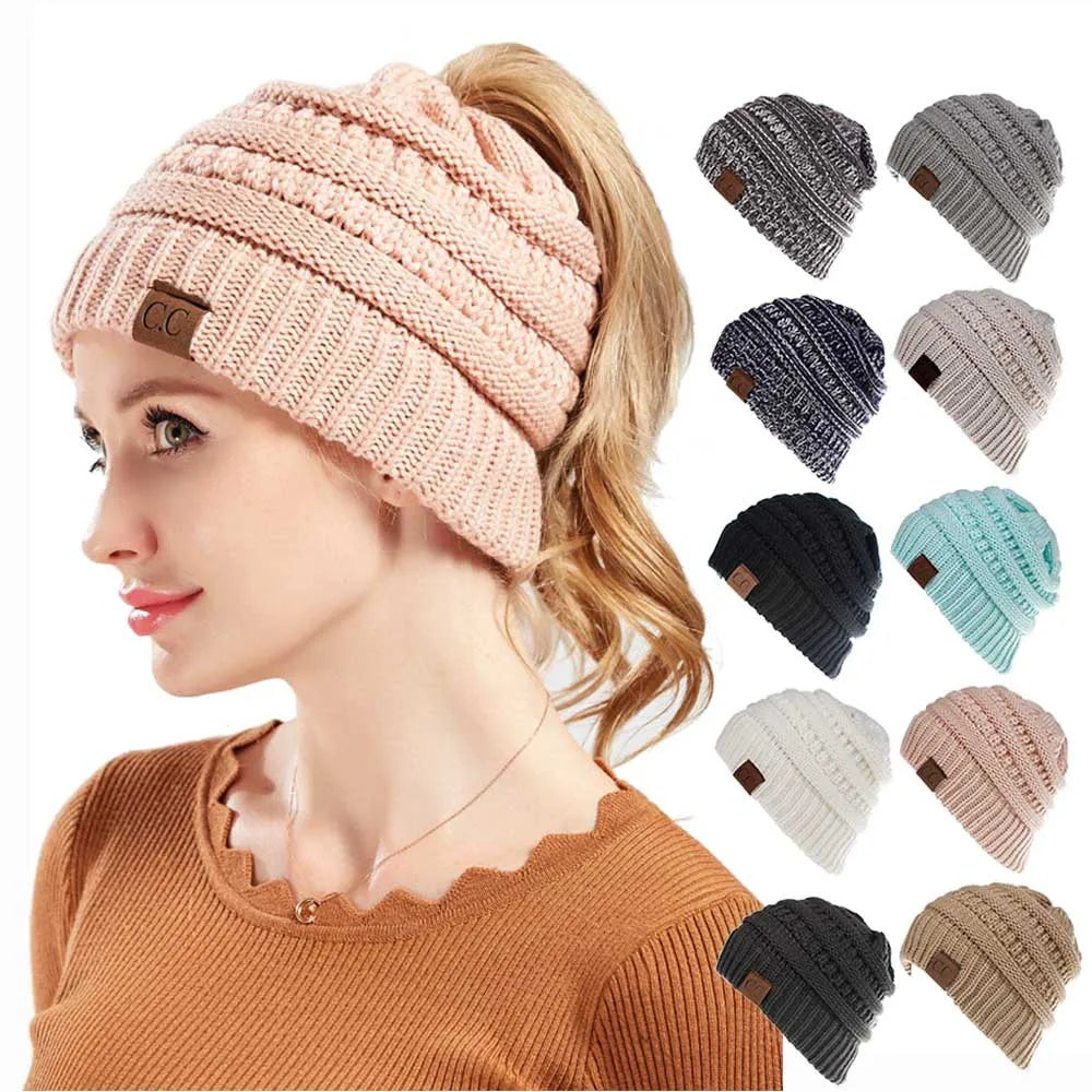 Lady Knitted Hats Openings Horsetail Hat