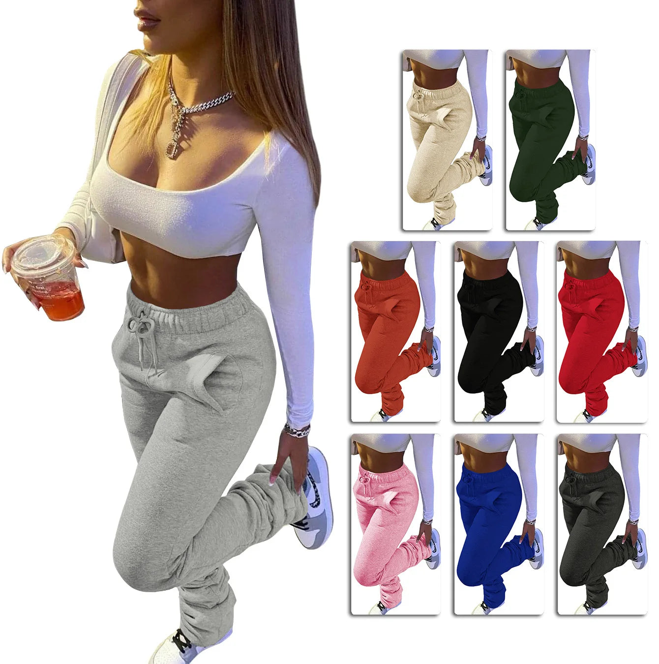 ⌛ XS-3XL Size Stacked 💥 Sweat Pants Fall Winter Women's Mid Waist 
Thick Stacked Fleece Pants Joggers 💝