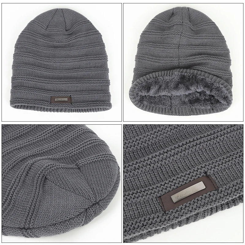 Warm Winter Hat Polyester Fleece Lined Knitted Cap 
Striped Plain Beanies