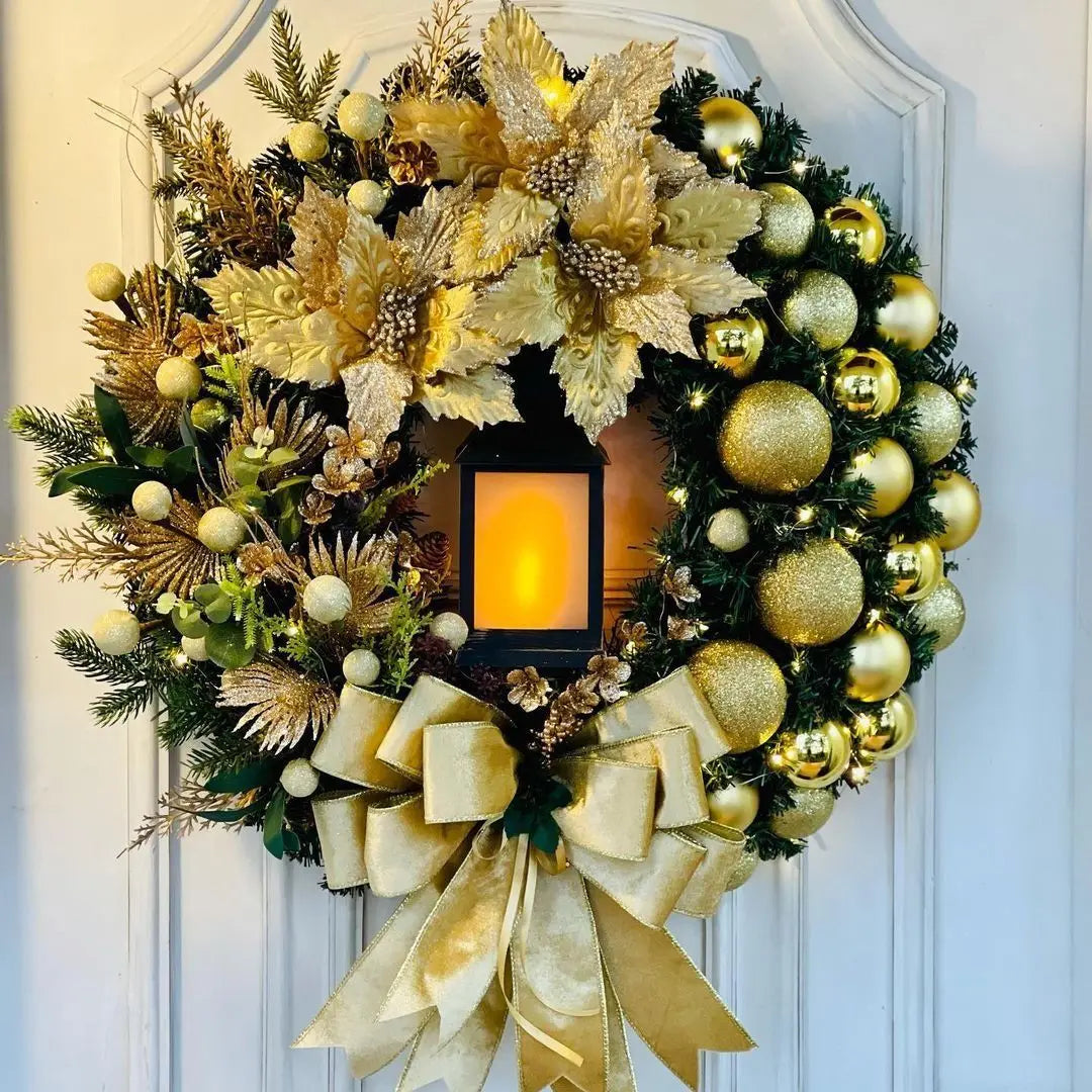 Christmas Wreath With Lamp Bow Ball Big Red Flower