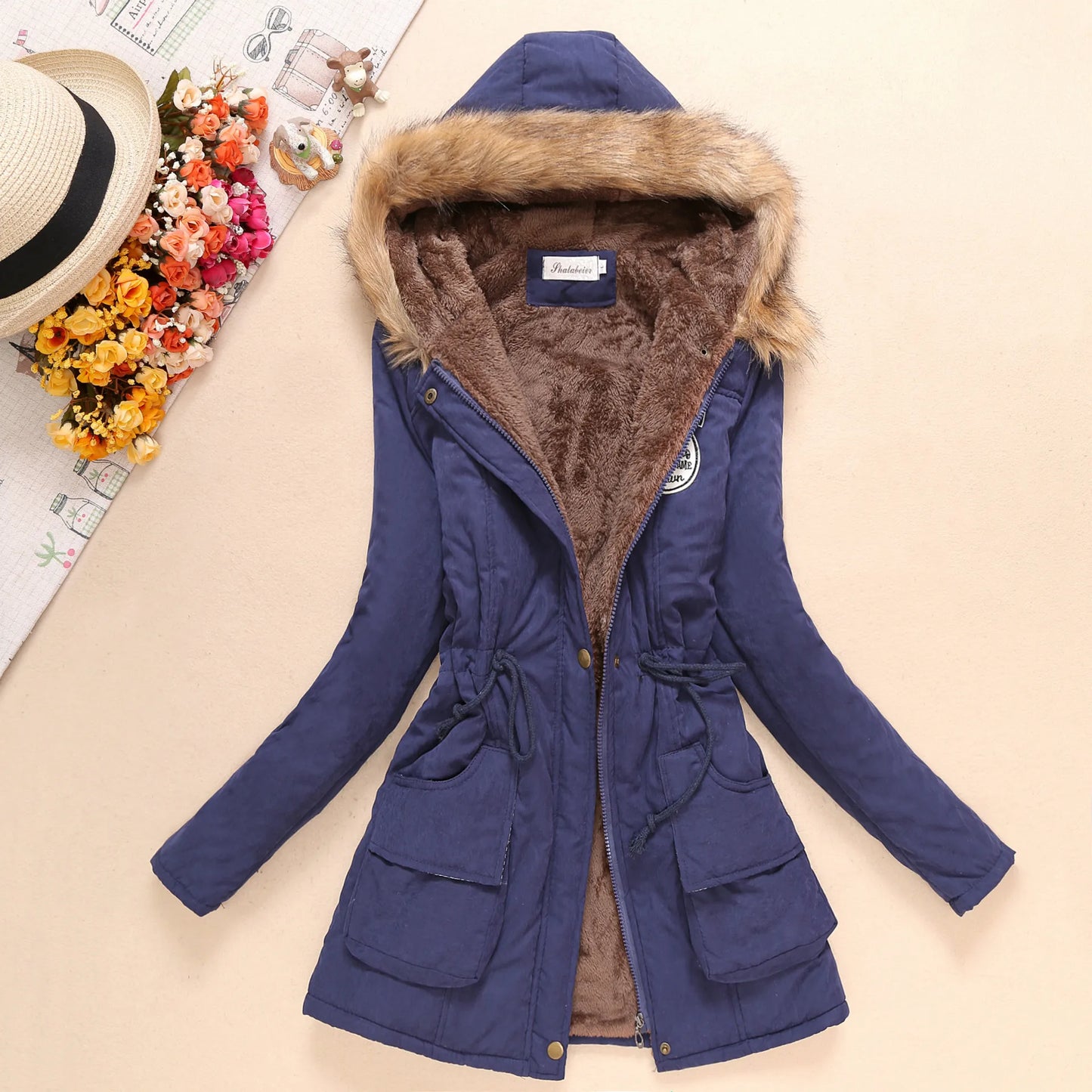 Women Cotton Jacket Padded Casual Slim Coat Embroidery Hooded