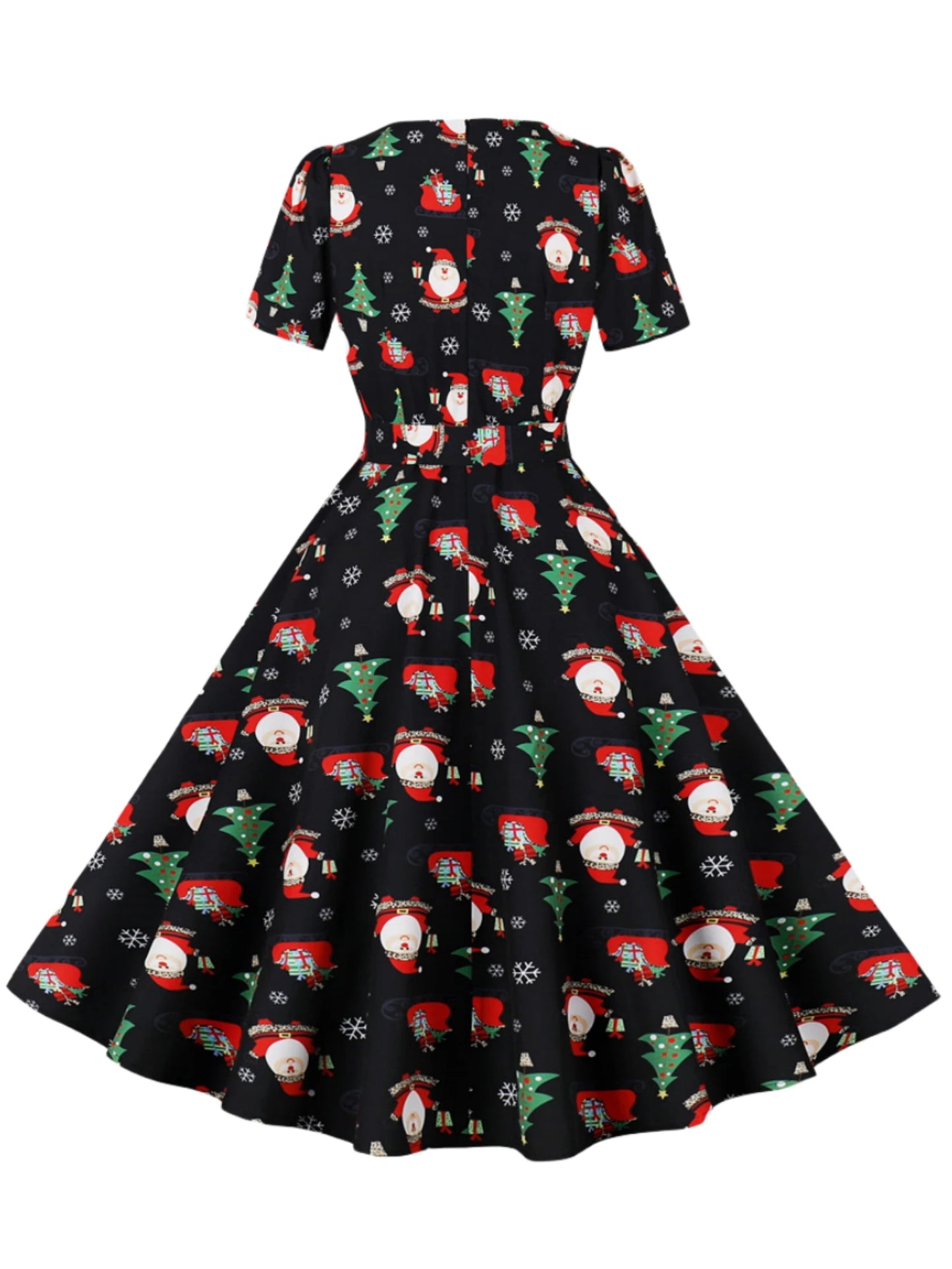 Christmas print square neck short sleeved 
slimming party, casual and elegant knee length dress