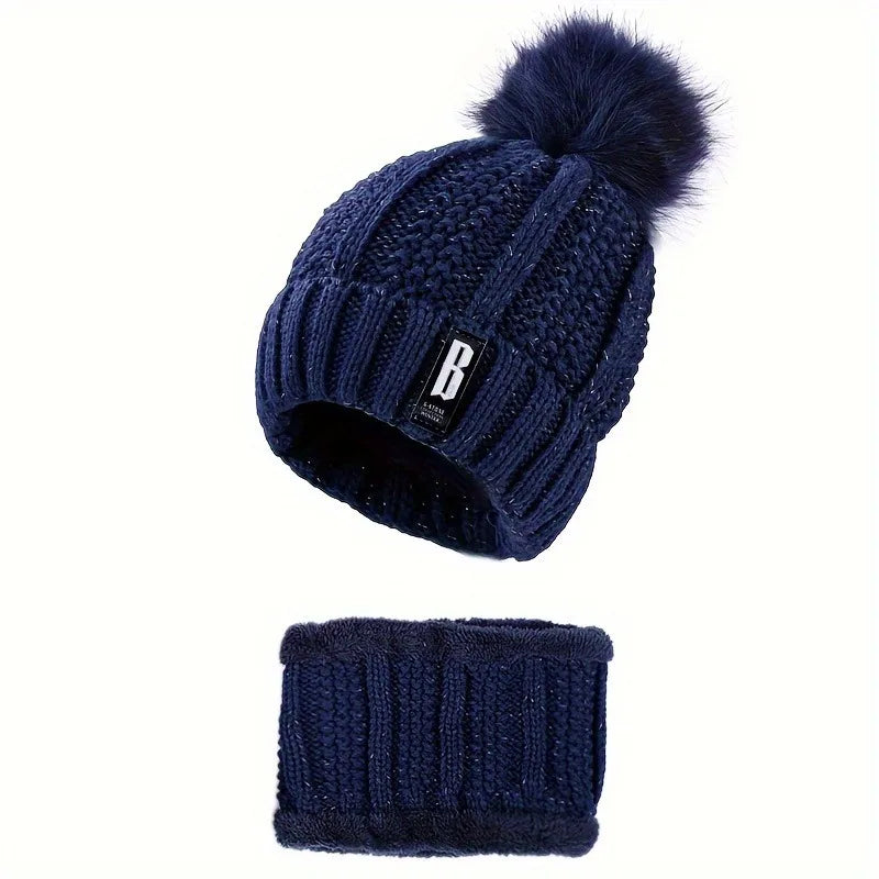 2PCS ✌🎁 winter warm knit hat set Winter hat thick plush windproof cold casual warm hat scarf