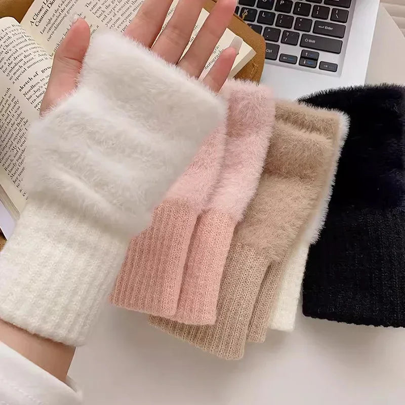 Soft Winter Half Finger Gloves Women Warm Luxury