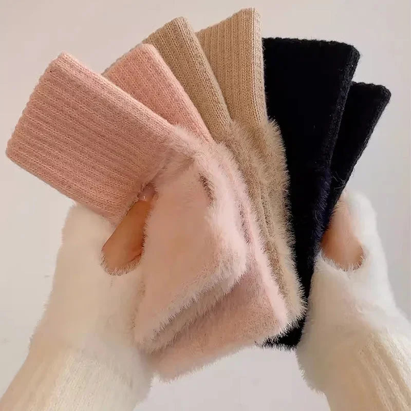 Soft Winter Half Finger Gloves Women Warm Luxury