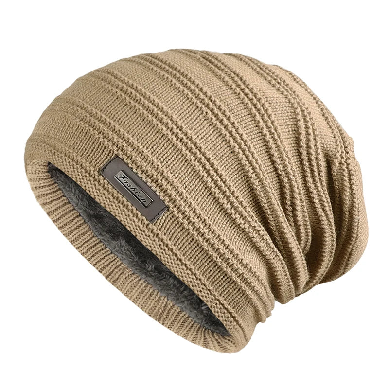 Warm Winter Hat Polyester Fleece Lined Knitted Cap 
Striped Plain Beanies