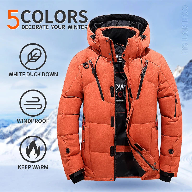 Down Jacket Men White Duck Coat Windproof Warm 
Overcoat Thicken Solid Color Hooded