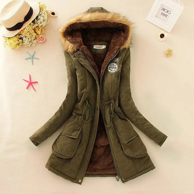 Women Cotton Jacket Padded Casual Slim Coat Embroidery Hooded