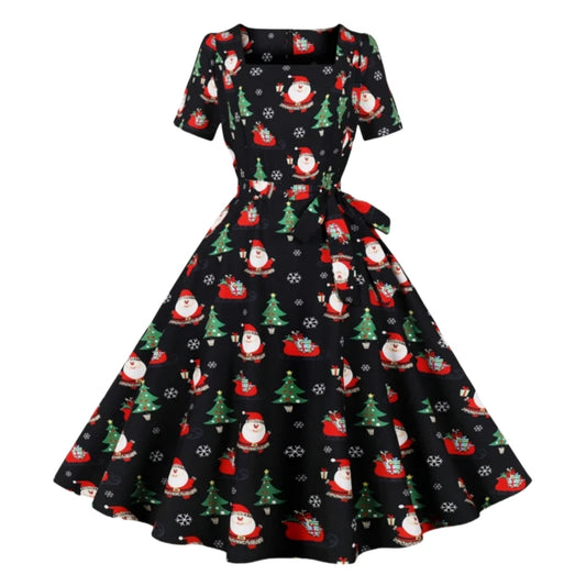 Christmas print square neck short sleeved 
slimming party, casual and elegant knee length dress