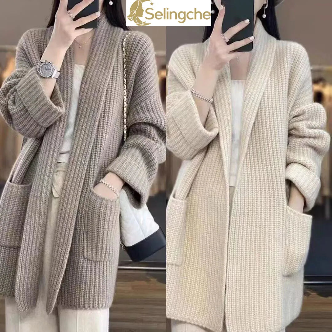 Version Medium Long V-neck High-end Slimming Lazy Style Knitted Cardigan