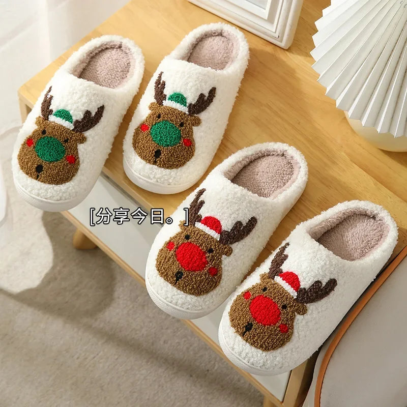 Christmas Elk Cotton Slippers for Women/Men Winter Non Slip