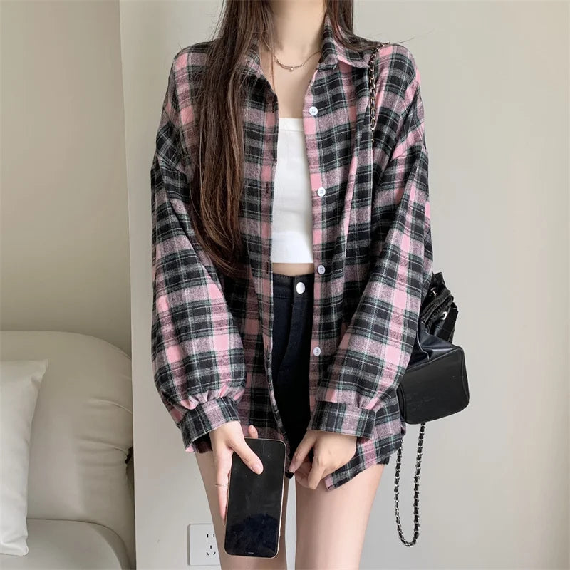 Women Tartan Shirt Button Up Oversized Plaid Shirt Flannel