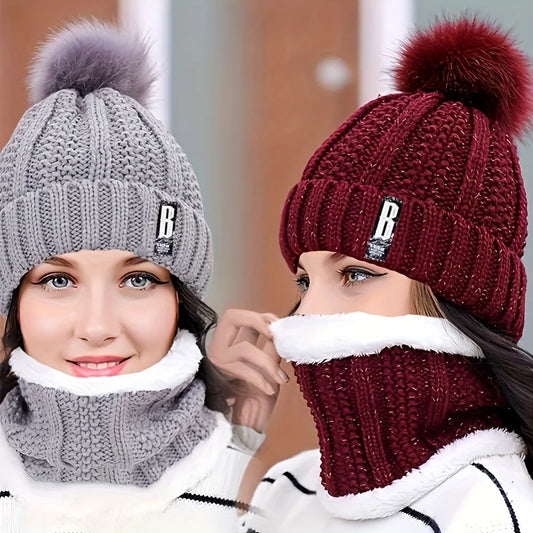 2PCS ✌🎁 winter warm knit hat set Winter hat thick plush windproof cold casual warm hat scarf