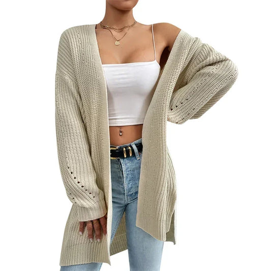 Elegant Solid Cardigan Sweater Warm Split Hem Long