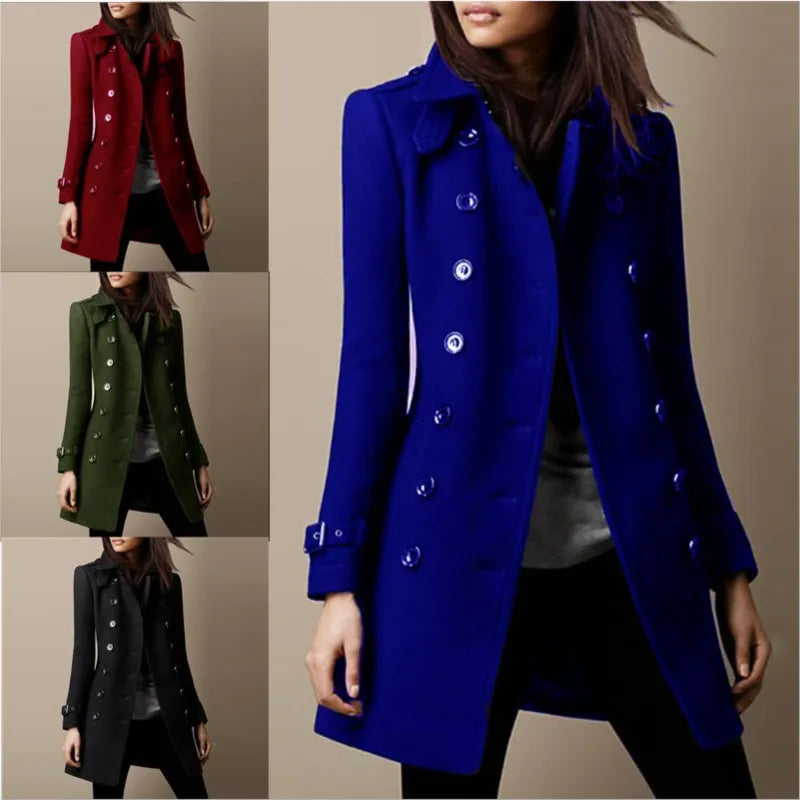 Autumn Winter Turn-down Neck Woolen Jacket Coat Women
Long Sleeve Double Breasted  Loose Wool Coats Streetwear