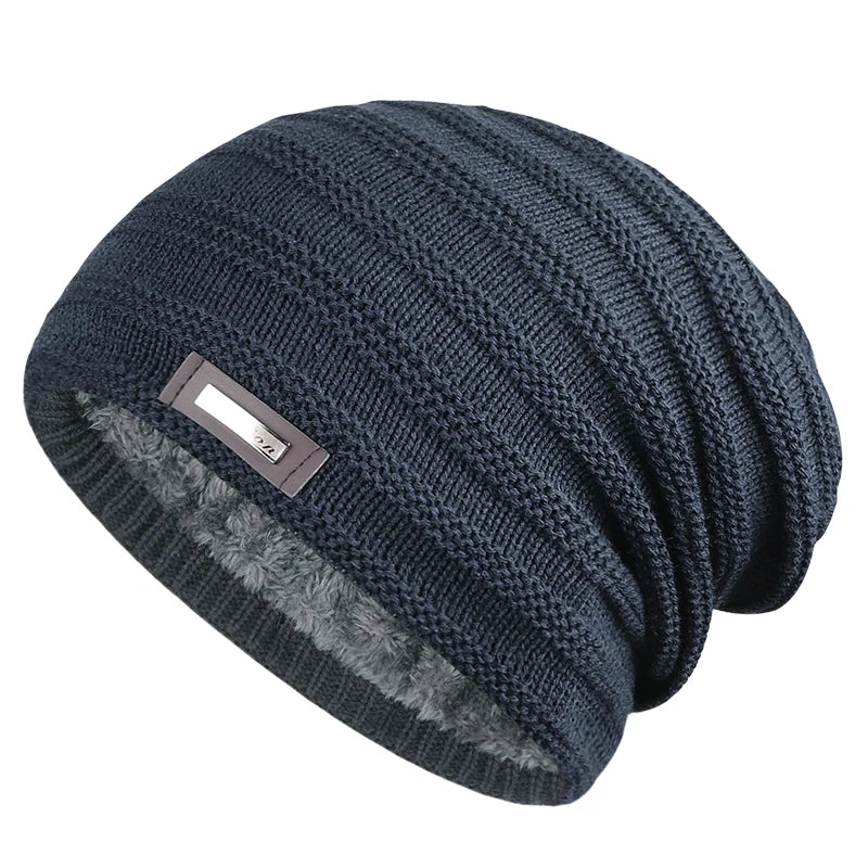 Warm Winter Hat Polyester Fleece Lined Knitted Cap 
Striped Plain Beanies