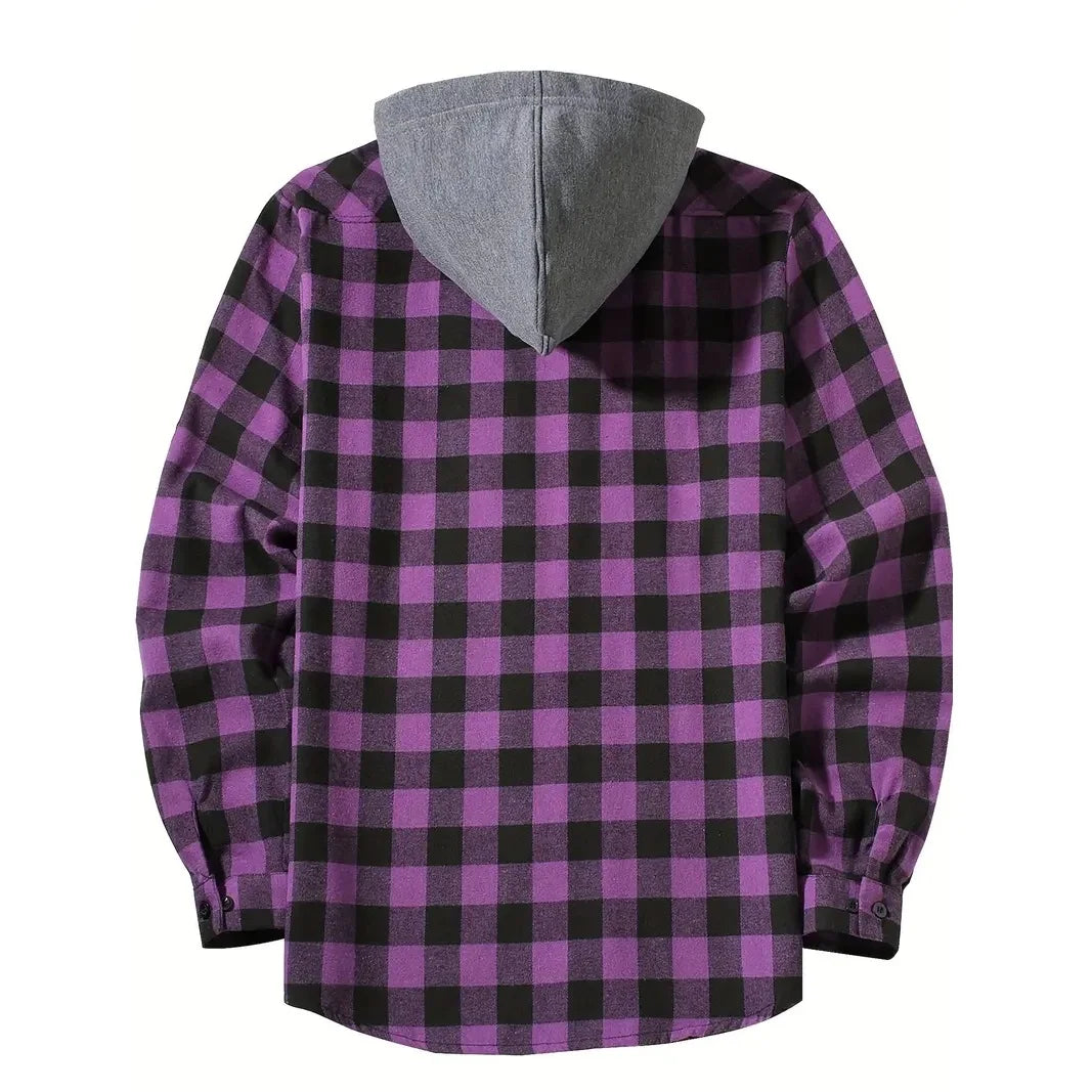 Men's Shirts Classic Plaid Casual Button Down Hooded Long Sleeved Flannel