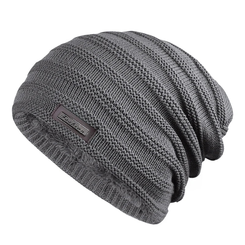 Warm Winter Hat Polyester Fleece Lined Knitted Cap 
Striped Plain Beanies