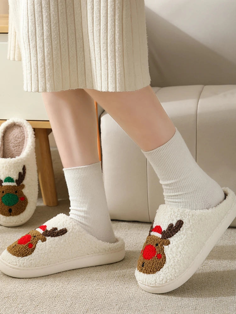 Christmas Elk Cotton Slippers for Women/Men Winter Non Slip