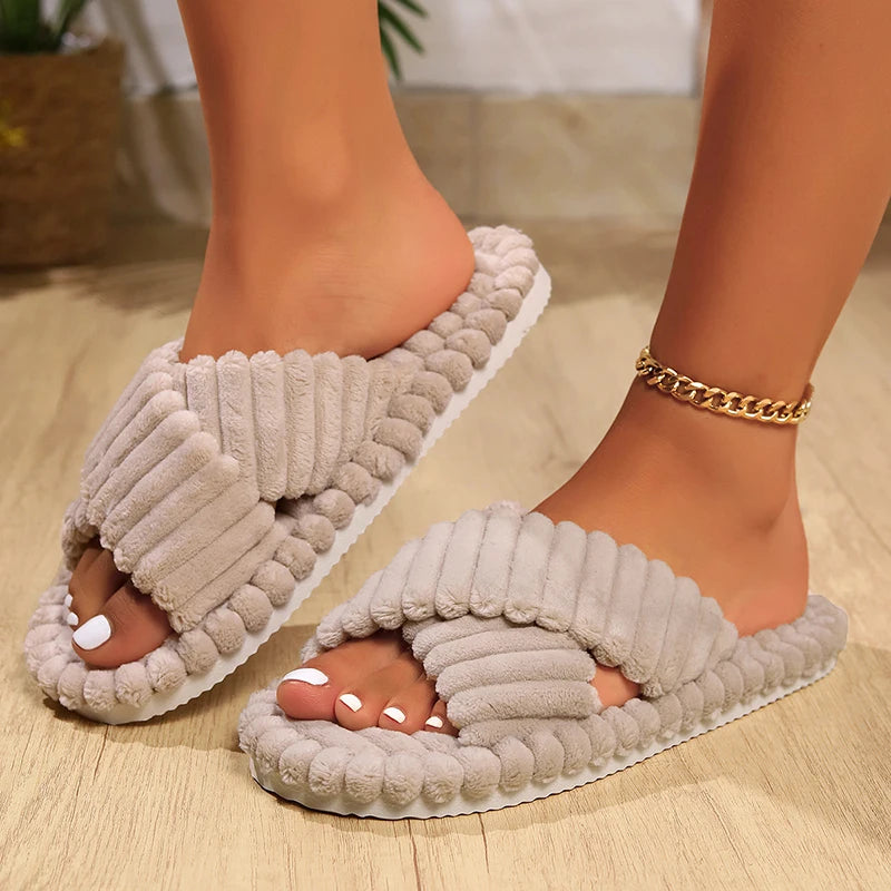 Fashion 💋 Corduroy Cross Band Home Slippers Women Autumn Winter Warm