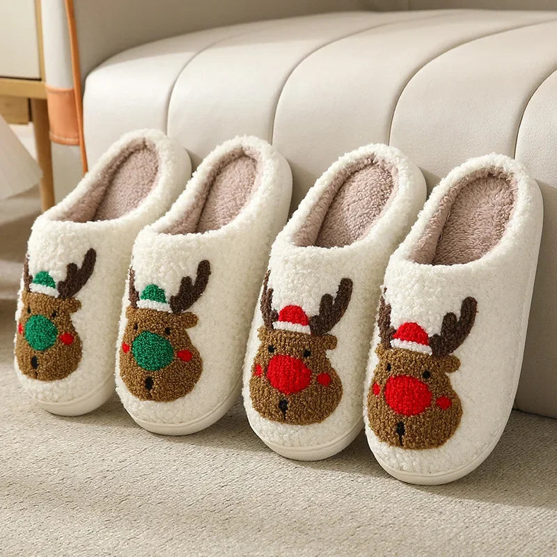 Christmas Elk Cotton Slippers for Women/Men Winter Non Slip