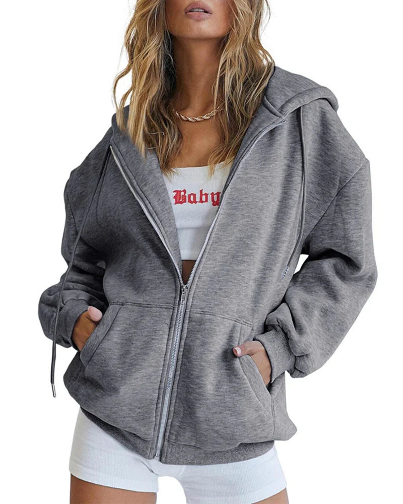 Zipper Cardigan Hooded Sweatshirt Sporty Style