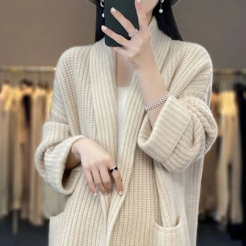 Version Medium Long V-neck High-end Slimming Lazy Style Knitted Cardigan