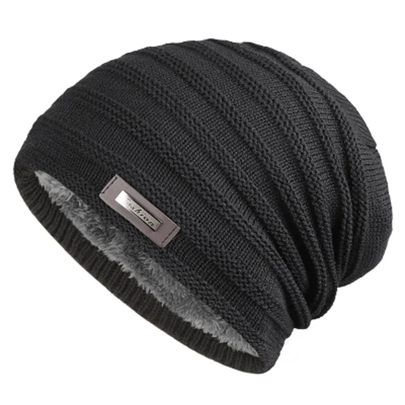 Warm Winter Hat Polyester Fleece Lined Knitted Cap 
Striped Plain Beanies