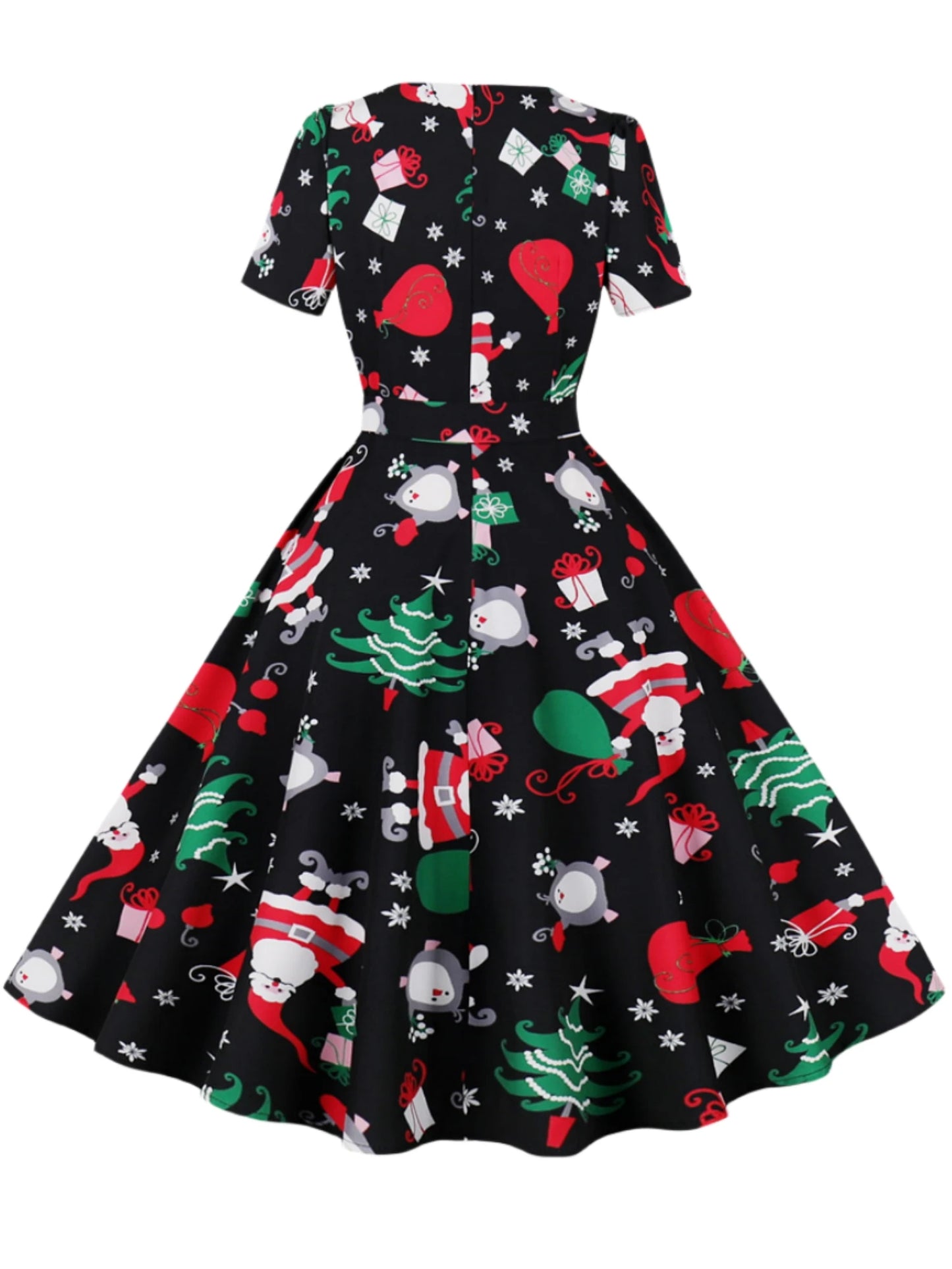 Christmas print square neck short sleeved 
slimming party, casual and elegant knee length dress