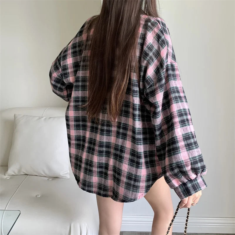 Women Tartan Shirt Button Up Oversized Plaid Shirt Flannel